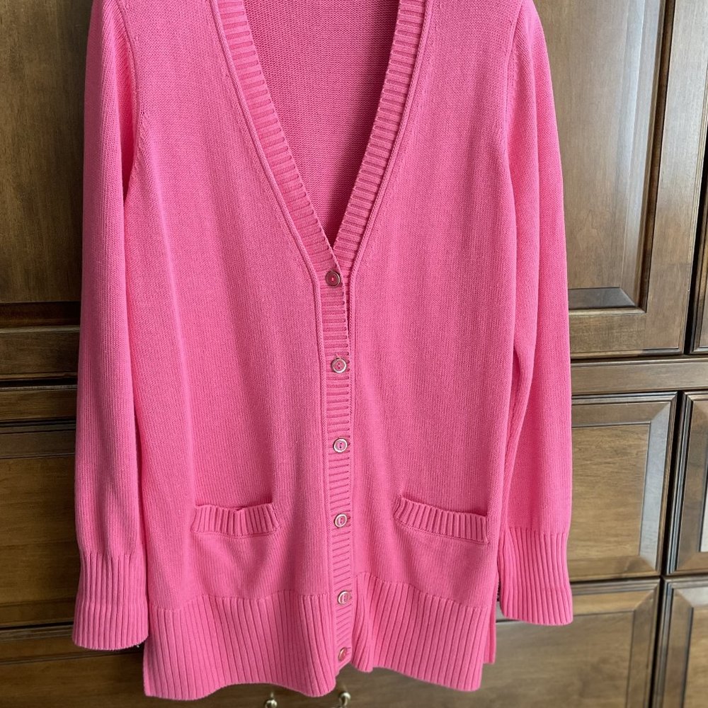 Isaac Mizrahi Live Long Pink V-Neck Cardigan with Pockets & Matching Buttons - L